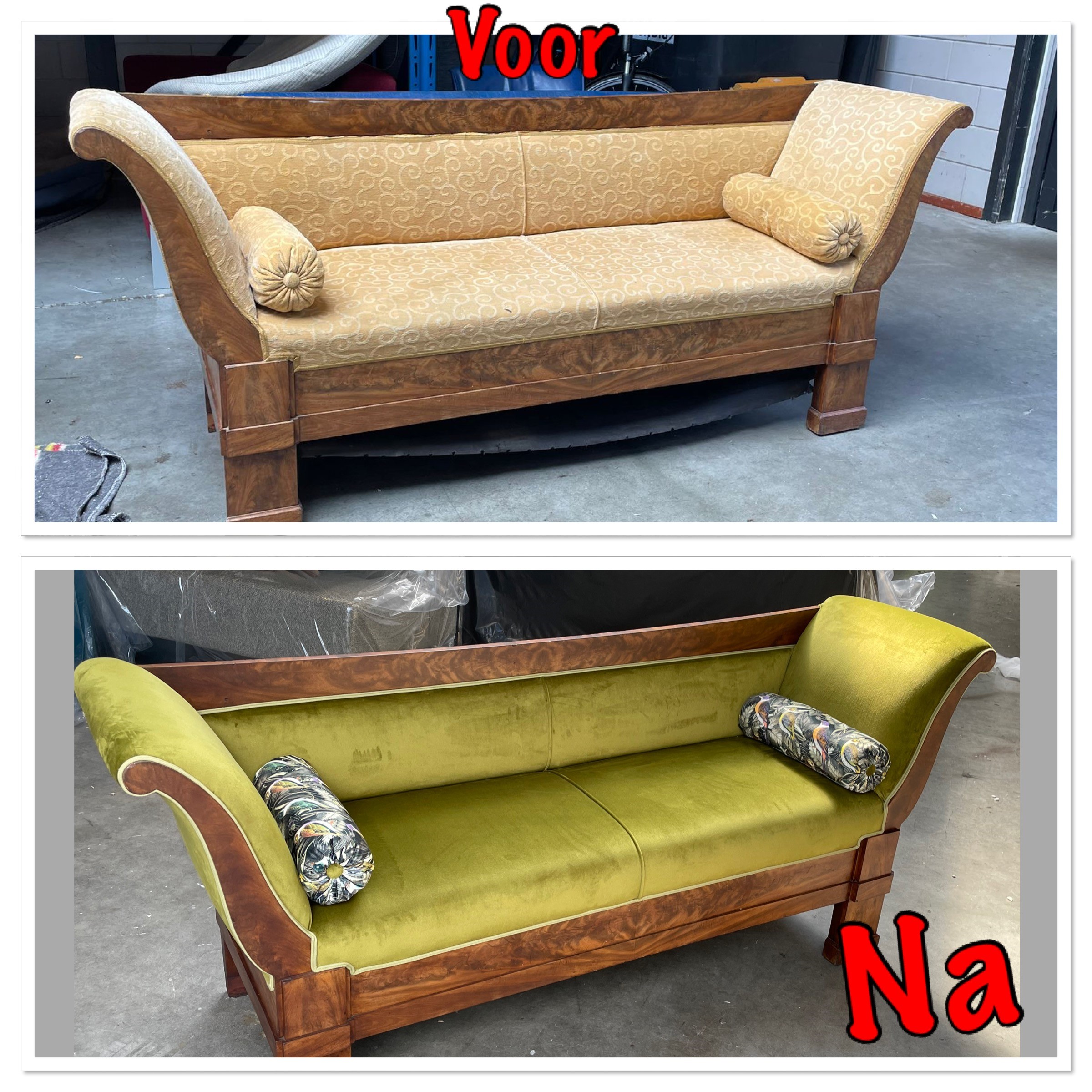 Klassieke bank voor en na de restauratie